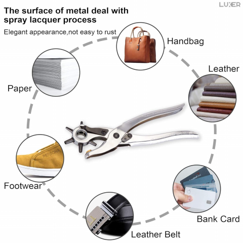 Cleste Perforator Pentru Facut Gauri La Curele, Genti, Pantofi, Zgarzi sau Alte Proiecte de Bricolaj, Cap Rotativ Pentru 6 Dimensiuni de Gauri, Functie Capsare si Nituire, 23 cm, Argintiu, Luxer [2]