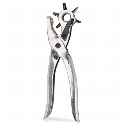 Cleste Perforator Pentru Facut Gauri La Curele, Genti, Pantofi, Zgarzi sau Alte Proiecte de Bricolaj, Cap Rotativ Pentru 6 Dimensiuni de Gauri, Functie Capsare si Nituire, 23 cm, Argintiu, Luxer [3]