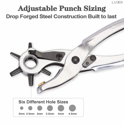 Cleste Perforator Pentru Facut Gauri La Curele, Genti, Pantofi, Zgarzi sau Alte Proiecte de Bricolaj, Cap Rotativ Pentru 6 Dimensiuni de Gauri, Functie Capsare si Nituire, 23 cm, Argintiu, Luxer [1]