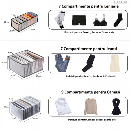 Cutie Tip Organizator de Haine si Lenjerie cu 7 Compartimente Luxer, Dimensiuni 36x14x12 cm, Alb, organizator haine bebelusi copii adulti pliabil ikea pepco dedeman jysk jumbo pentru calatorie bagaj sertar dulap dormitor emag leroy merlin luxer [8]