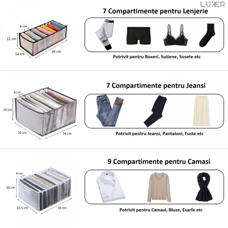 Cutie Tip Organizator de Haine si Lenjerie cu 7 Compartimente Luxer, Dimensiuni 36x14x12 cm, Gri, organizator haine bebelusi copii adulti pliabil ikea pepco dedeman jysk jumbo pentru calatorie bagaj sertar dulap dormitor emag leroy merlin luxer [10]