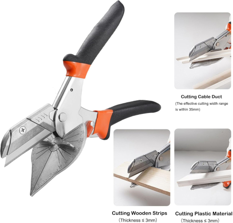 Foarfecă din oțel inoxidabil Luxer cu unghi reglabil 45°–135°, pentru tăiere plinte, PVC și lemn moale, include 2 lame de rezervă și mâner ergonomic antiderapant. [2]