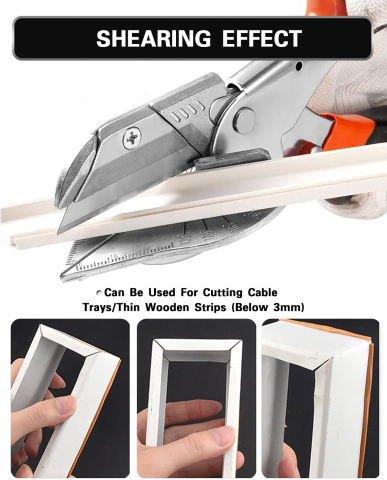 Foarfecă din oțel inoxidabil Luxer cu unghi reglabil 45°–135°, pentru tăiere plinte, PVC și lemn moale, include 2 lame de rezervă și mâner ergonomic antiderapant. [5]