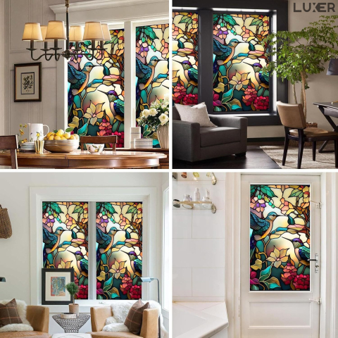 Folie autoadezivă pentru geamuri Luxer cu efect de vitraliu, Model Pasarea Colibry, oferă protecție solară UV și intimitate 80%. [3]