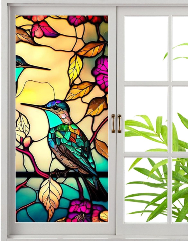 Folii Geam Privacy - Folie autoadezivă pentru geamuri Luxer cu efect de vitraliu, Model Pasarea Privighetoare, oferă protecție solară UV și intimitate 80%.