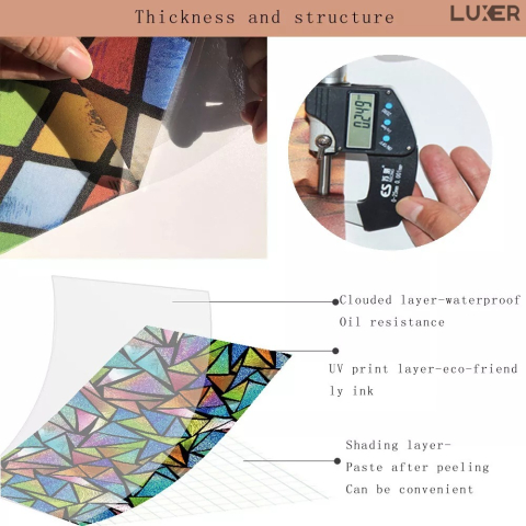 Folie autoadezivă pentru geamuri Luxer cu efect de vitraliu, Model Pasarea Privighetoare, oferă protecție solară UV și intimitate 80%. [8]