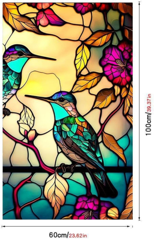 Folie autoadezivă pentru geamuri Luxer cu efect de vitraliu, Model Pasarea Privighetoare, oferă protecție solară UV și intimitate 80%. [9]