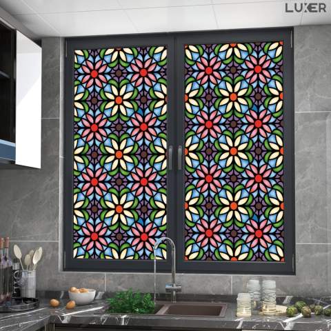 Folii Geam Privacy - Folie autoadezivă pentru geamuri Luxer cu efect de vitraliu, Model Floral, oferă protecție solară UV și intimitate 80%.