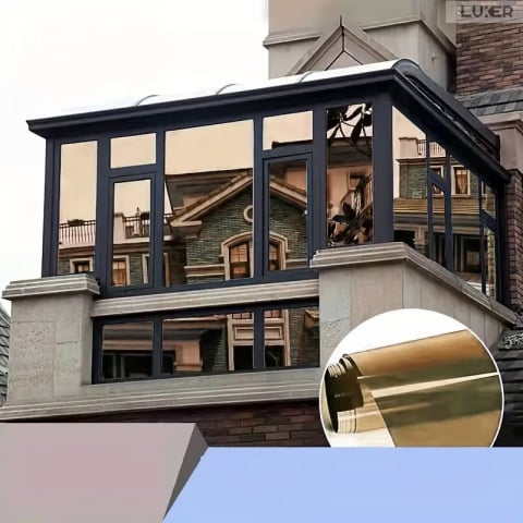 Folie Autoadeziva  pentru Geamuri Termopan, Tip Oglinda, Protectie Solara UV, Efect Privacy, One Way Mirror Window Film, Autocolanta, Pentru Casa/Cladiri, Dimensiuni 200 x 60 cm, Maro, Silver, Folie Geam sa nu se vada din exterior, sa nu se vada in casa, autocolant geam termopan leroy merlin dedeman, protectie solara ferestre luxer [9]