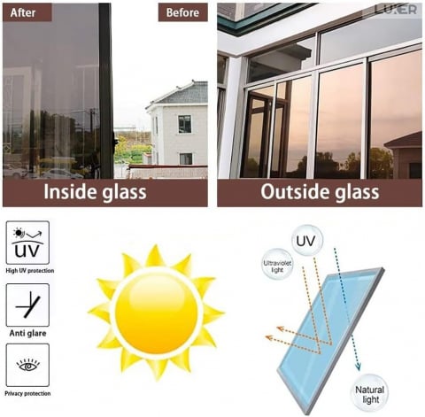 Folie Autoadeziva  pentru Geamuri Termopan, Tip Oglinda, Protectie Solara UV, Efect Privacy, One Way Mirror Window Film, Autocolanta, Pentru Casa/Cladiri, Dimensiuni 200 x 60 cm, Maro, Silver, Folie Geam sa nu se vada din exterior, sa nu se vada in casa, autocolant geam termopan leroy merlin dedeman, protectie solara ferestre luxer [11]