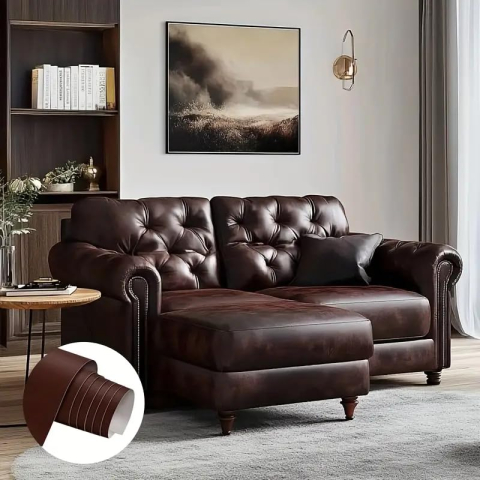 Folie din piele ecologică autoadezivă Luxer, maro, dimensiune 137x60 cm, ideală pentru recondiționare canapea, scaun sau interior auto. [5]