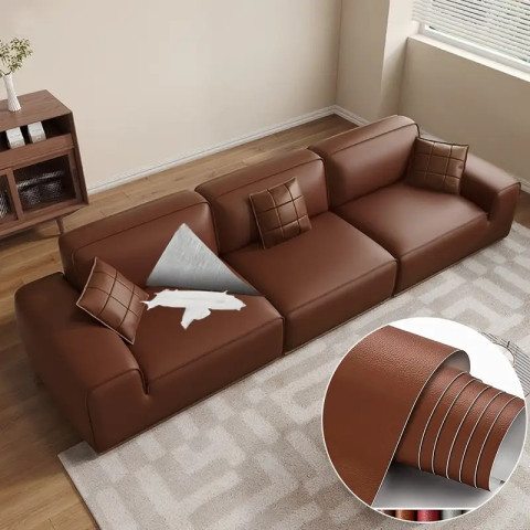 Folie din piele ecologică autoadezivă Luxer, maro deschis, dimensiune 137x60 cm, ideală pentru recondiționare canapea, scaun sau interior auto. [4]