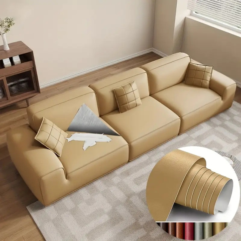 Folie din piele ecologică autoadezivă Luxer, Bej, dimensiune 137x60 cm, ideală pentru recondiționare canapea, scaun sau interior auto. [3]