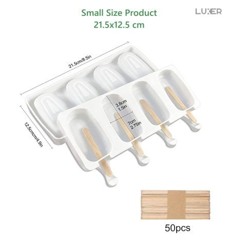 Formă de înghețată pe băț din silicon BPA free LUXER, cu 4 cavități și 50 bețe de lemn incluse, pentru deserturi sănătoase și înghețată homemade. [12]