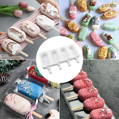 Formă de înghețată pe băț din silicon BPA free LUXER, cu 4 cavități și 50 bețe de lemn incluse, pentru deserturi sănătoase și înghețată homemade. [2]