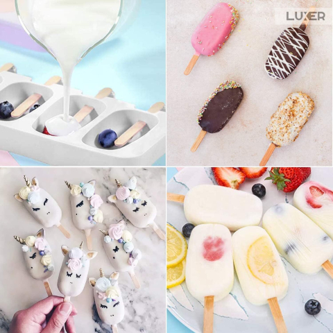 Formă de înghețată pe băț din silicon BPA free LUXER, cu 4 cavități și 50 bețe de lemn incluse, pentru deserturi sănătoase și înghețată homemade. [1]