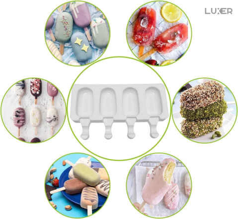 Formă de înghețată pe băț din silicon BPA free LUXER, cu 4 cavități și 50 bețe de lemn incluse, pentru deserturi sănătoase și înghețată homemade. [3]