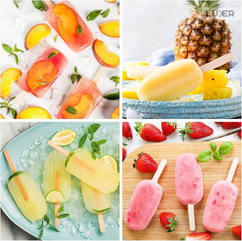 Formă de înghețată Big Size pe băț din silicon BPA free LUXER, cu 4 cavități și 50 bețe de lemn incluse, pentru deserturi mari și sănătoase preparate acasă. [7]