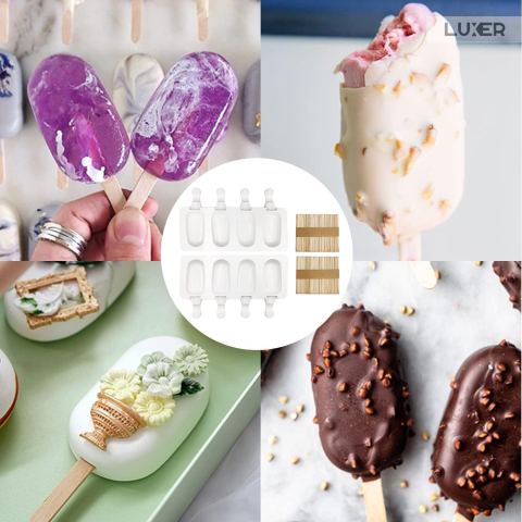 Formă de înghețată Big Size pe băț din silicon BPA free LUXER, cu 4 cavități și 50 bețe de lemn incluse, pentru deserturi mari și sănătoase preparate acasă. [2]