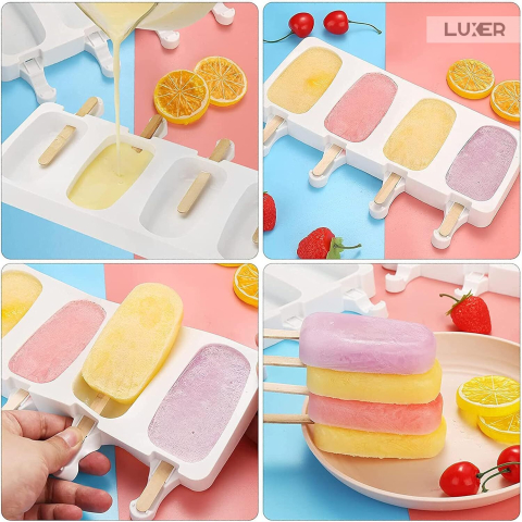 Formă de înghețată Big Size pe băț din silicon BPA free LUXER, cu 4 cavități și 50 bețe de lemn incluse, pentru deserturi mari și sănătoase preparate acasă. [8]