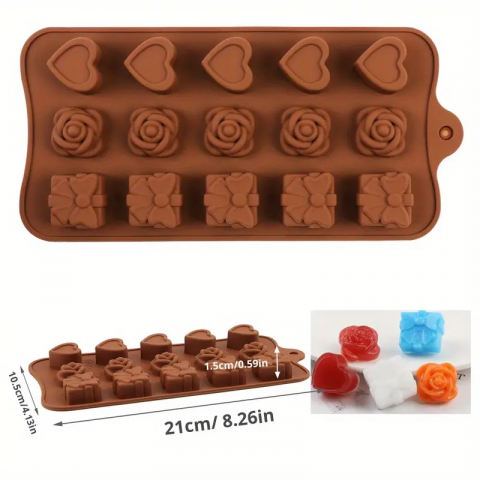 Forma Din Silicon Pentru Bomboane De Ciocolata Sau Jeleu, 5 x Forma Inimioara, 5 x Forma Trandafir, 5 x Forma Cadou, 21x10.5 cm, Luxer, Forma Ciocoalata Plastic / Silicon , Matrita Ciocolata de Casa in forma de Tablete de Ciocolata [6]
