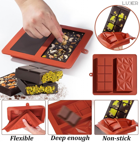 Forma Din Silicon Pentru Ciocolata Dubai De Casa, 1 Tableta cu 4x2 Patratele si 1 Tableta Model Diamant, 21x19 cm, Luxer [2]