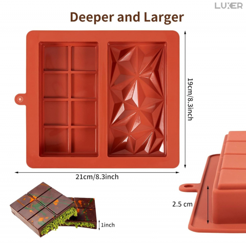 Forma Din Silicon Pentru Ciocolata Dubai De Casa, 1 Tableta cu 4x2 Patratele si 1 Tableta Model Diamant, 21x19 cm, Luxer [10]