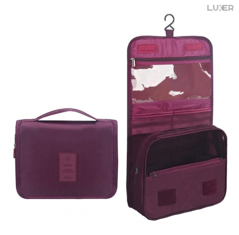 Geanta De Cosmetice Pentru Calatorii Tip Organizator Suspendabil Luxer, Impermeabila, Dimensiuni 24x19x9 cm, Culoare Navy Blue/Red Wine/ Gray