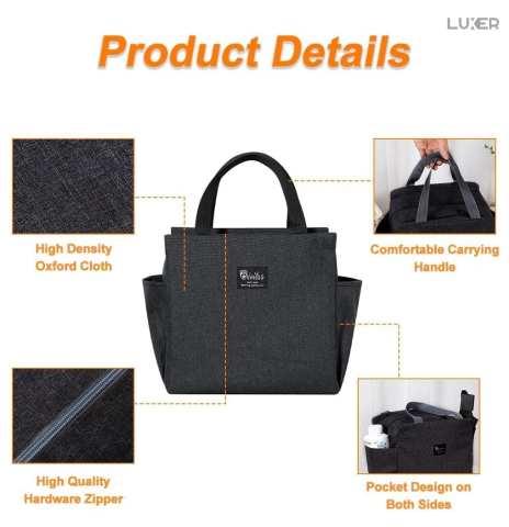 Geantă termoizolantă neagră Luxer, rezistentă la apă, pentru păstrarea alimentelor și băuturilor calde 3–4 ore și reci până la 5 ore. [6]