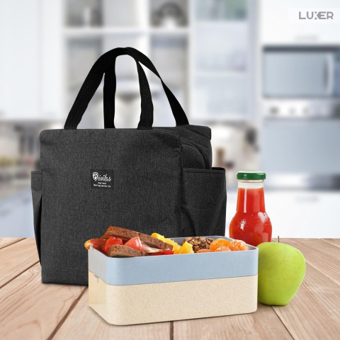 Geantă termoizolantă neagră Luxer, rezistentă la apă, pentru păstrarea alimentelor și băuturilor calde 3–4 ore și reci până la 5 ore. [1]