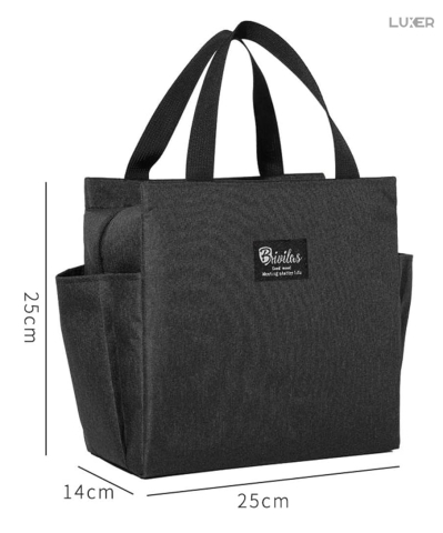 Geantă termoizolantă neagră Luxer, rezistentă la apă, pentru păstrarea alimentelor și băuturilor calde 3–4 ore și reci până la 5 ore. [9]