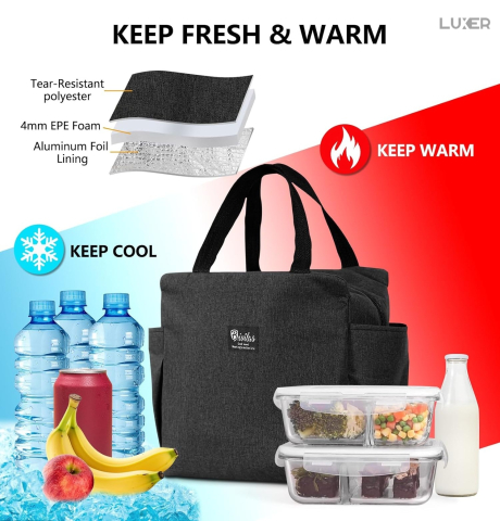 Geantă termoizolantă neagră Luxer, rezistentă la apă, pentru păstrarea alimentelor și băuturilor calde 3–4 ore și reci până la 5 ore. [7]
