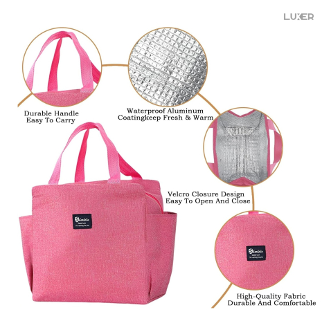 Geantă termoizolantă roz Luxer, rezistentă la apă, pentru păstrarea alimentelor și băuturilor calde 3–4 ore și reci până la 5 ore. [6]