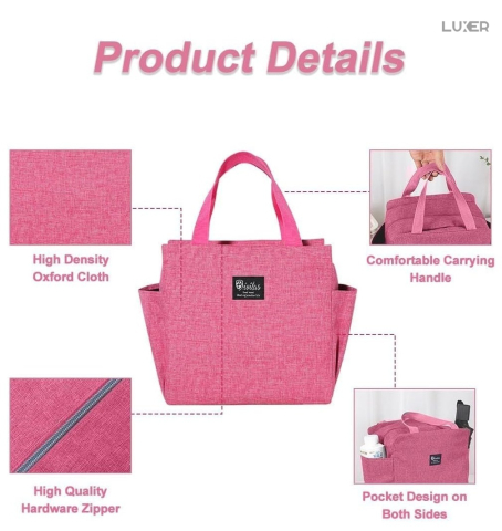 Geantă termoizolantă roz Luxer, rezistentă la apă, pentru păstrarea alimentelor și băuturilor calde 3–4 ore și reci până la 5 ore. [10]