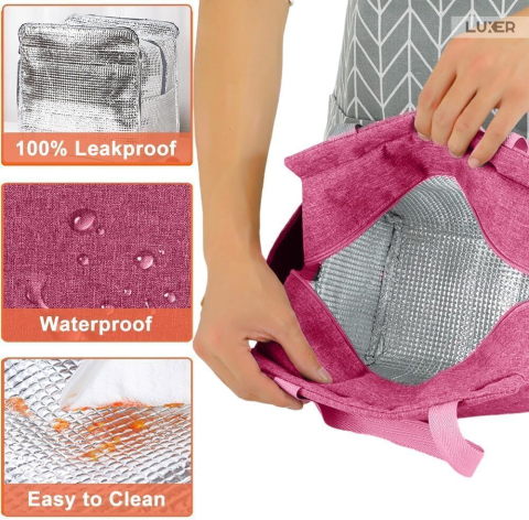 Geantă termoizolantă roz Luxer, rezistentă la apă, pentru păstrarea alimentelor și băuturilor calde 3–4 ore și reci până la 5 ore. [5]