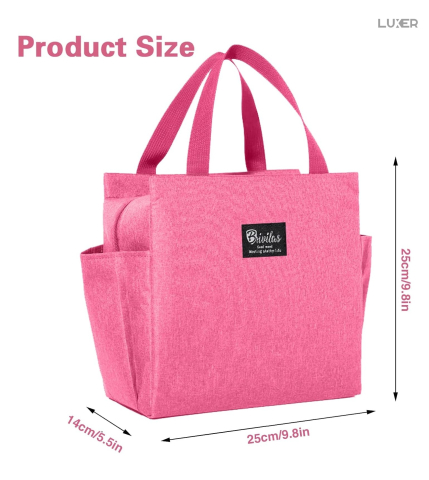 Geantă termoizolantă roz Luxer, rezistentă la apă, pentru păstrarea alimentelor și băuturilor calde 3–4 ore și reci până la 5 ore. [11]