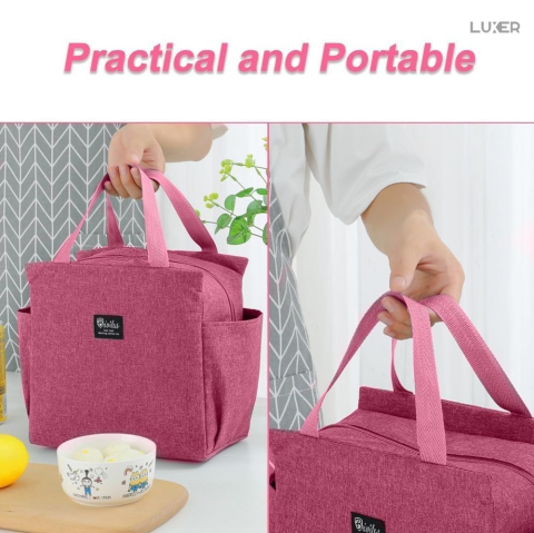 Geantă termoizolantă roz Luxer, rezistentă la apă, pentru păstrarea alimentelor și băuturilor calde 3–4 ore și reci până la 5 ore. [1]