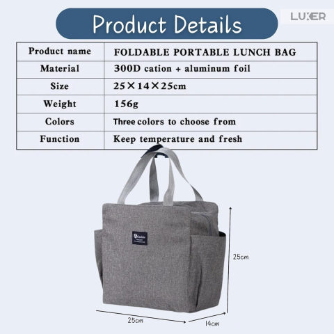 Geantă termoizolantă Gri Luxer, rezistentă la apă, pentru păstrarea alimentelor și băuturilor calde 3–4 ore și reci până la 5 ore. [10]