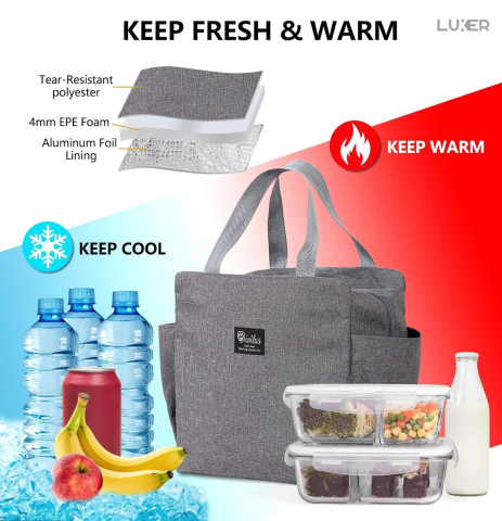 Geantă termoizolantă Gri Luxer, rezistentă la apă, pentru păstrarea alimentelor și băuturilor calde 3–4 ore și reci până la 5 ore. [8]