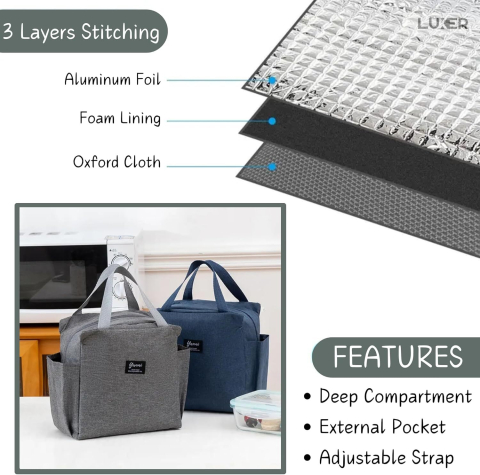 Geantă termoizolantă Gri Luxer, rezistentă la apă, pentru păstrarea alimentelor și băuturilor calde 3–4 ore și reci până la 5 ore. [7]