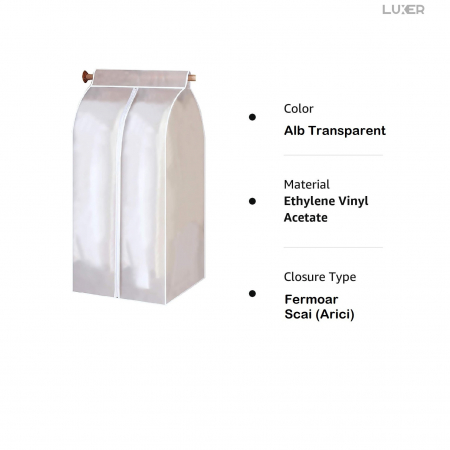 Husa Impermeabila Pentru Protectie Haine In Dulap/Dressing, Cu Fermoar, Lungime 80 cm, Latime 50 cm, Inaltime 90 cm, Alb Transparent, Luxer, huse haine groase blana pentru depozitare, haina piele, husa haine ieftina dedeman emag jysk leroy merlin transparenta cu fermoar auchan carrefour luxer [11]