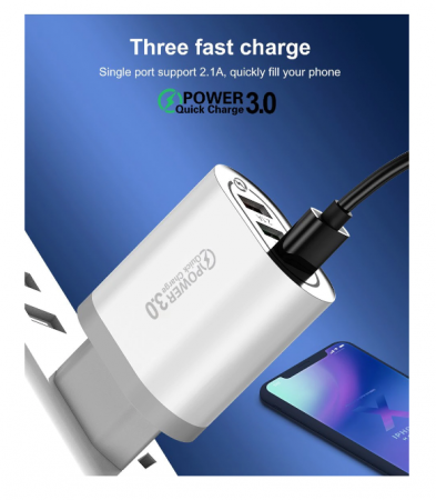 Incarcator 3x USB Ultra Fast Charge Qualcomm 3.0 cu Multiple Protectii Alb/Negru Luxer, incarcator universal priza convertor priza de calatorie usb usb c altex samsung iphone 13 apple watch dedeman 20w white/black fast charge ieftin protectie supraincalzire flanco emag luxer [2]