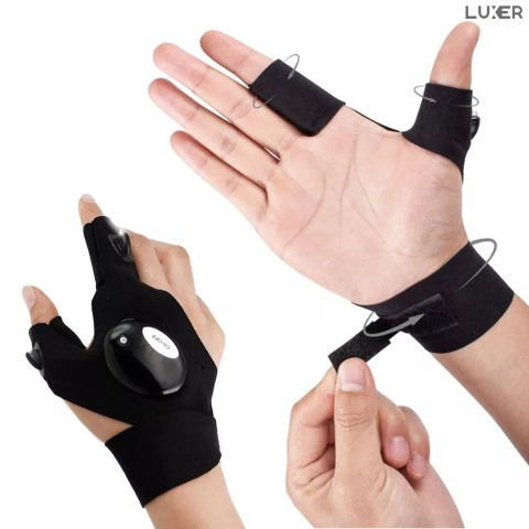 Mănuși cu lanternă LED integrată Luxer, pentru iluminare hands-free la pescuit nocturn, camping, reparații auto și bricolaj, materiale elastice și reglaj Velcro, culoare neagră. [1]