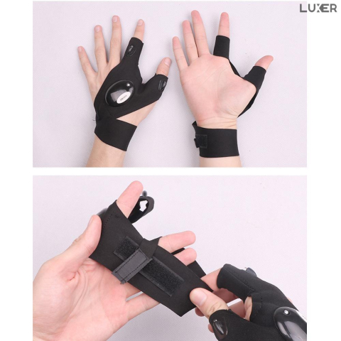 Mănuși cu lanternă LED integrată Luxer, pentru iluminare hands-free la pescuit nocturn, camping, reparații auto și bricolaj, materiale elastice și reglaj Velcro, culoare neagră. [10]