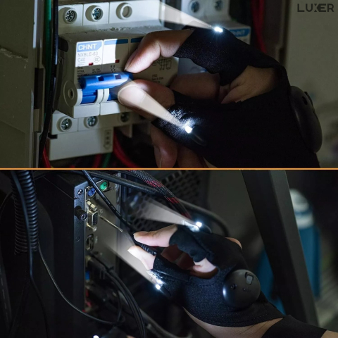 Mănuși cu lanternă LED integrată Luxer, pentru iluminare hands-free la pescuit nocturn, camping, reparații auto și bricolaj, materiale elastice și reglaj Velcro, culoare neagră. [9]