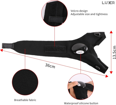 Mănuși cu lanternă LED integrată Luxer, pentru iluminare hands-free la pescuit nocturn, camping, reparații auto și bricolaj, materiale elastice și reglaj Velcro, culoare neagră. [12]