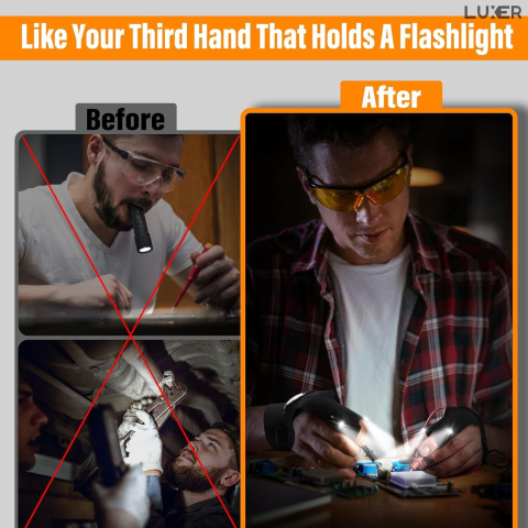 Mănuși cu lanternă LED integrată Luxer, pentru iluminare hands-free la pescuit nocturn, camping, reparații auto și bricolaj, materiale elastice și reglaj Velcro, culoare neagră. [3]