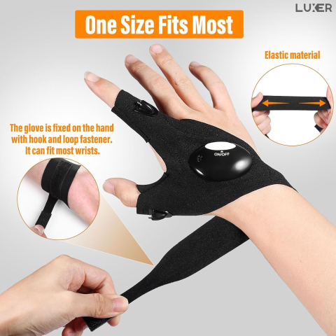 Mănuși cu lanternă LED integrată Luxer, pentru iluminare hands-free la pescuit nocturn, camping, reparații auto și bricolaj, materiale elastice și reglaj Velcro, culoare neagră. [11]
