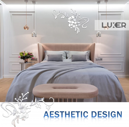 Oglinzi Acrilice Autoadezive Luxer, Model Floare de Hibiscus, 80x60 cm, Silver, oglinzi decorative de perete oglinda hol oglinzi dedeman pentru camera din acril decorativa ikea decor mobexpert jysk emag dormitor living autoadezive oglinda aurie moderne rezistente auriu [4]