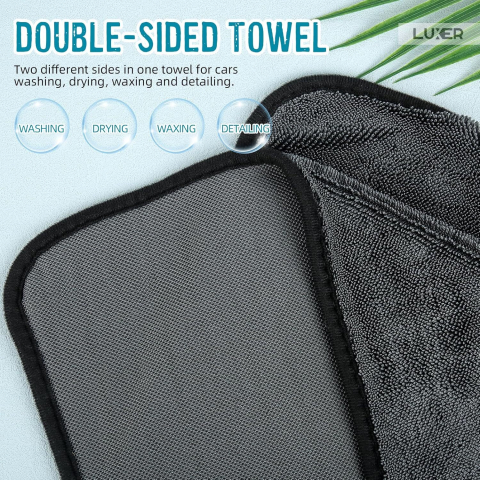 Prosop din microfibră Luxer cu 2 fețe pentru spălare, uscare, ceruire și detailing auto, dimensiuni 90x60 cm, negru, ultra-absorbant și delicat cu vopseaua mașinii. [1]